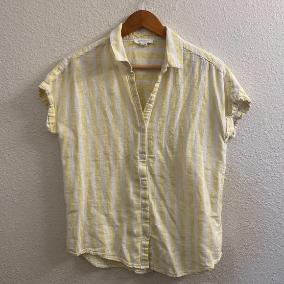 Beach Lunch Lounge Tops - Yellow Stripe Button Front Linen Blend Top Rolled Sleeve Coastal Casual Resort M